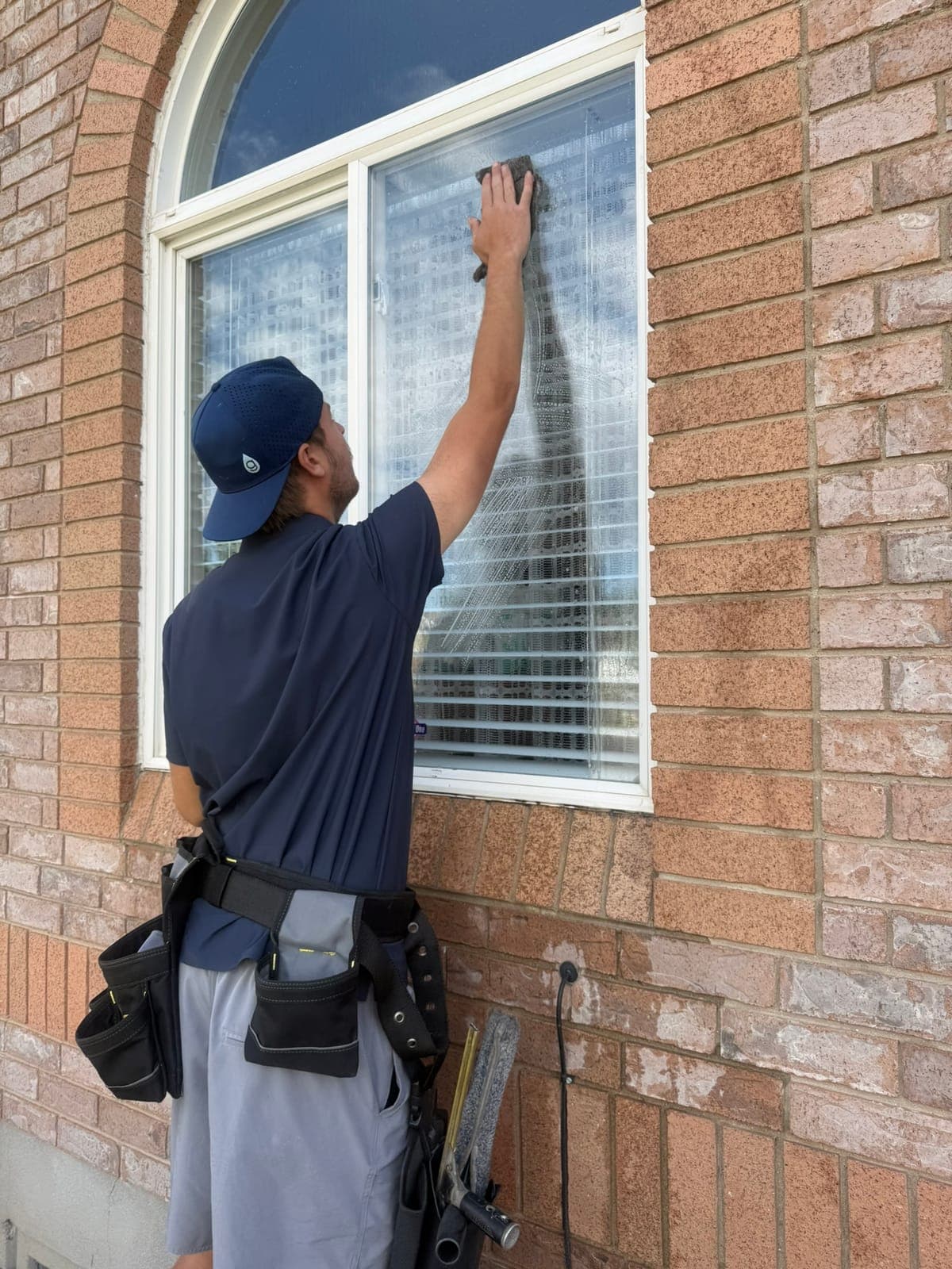Glide technician hand-scrubbing an exterior window on a brick two-story Dallas-area home